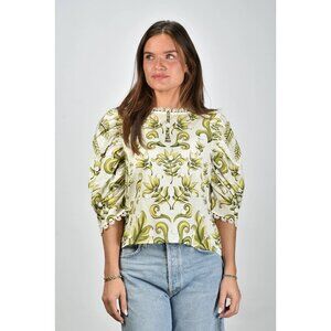 Farm Rio Milani Top Womens Size S Puff Sleeve Button Back 3D Floral Blouse Green
